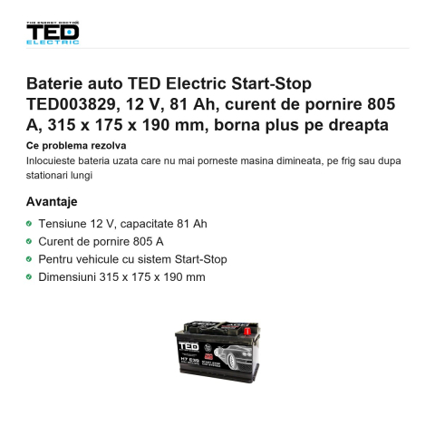 Baterie auto TED Electric Start-Stop TED003829, 12 V, 81 Ah, curent de pornire 805 A, 315 x 175 x 190 mm, borna plus pe dreapta [1]