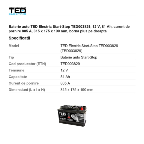 Baterie auto TED Electric Start-Stop TED003829, 12 V, 81 Ah, curent de pornire 805 A, 315 x 175 x 190 mm, borna plus pe dreapta [2]