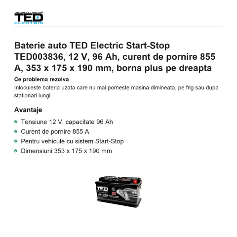 Baterie auto TED Electric Start-Stop TED003836, 12 V, 96 Ah, curent de pornire 855 A, 353 x 175 x 190 mm, borna plus pe dreapta [1]