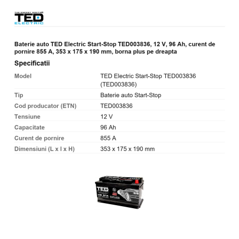 Baterie auto TED Electric Start-Stop TED003836, 12 V, 96 Ah, curent de pornire 855 A, 353 x 175 x 190 mm, borna plus pe dreapta [2]