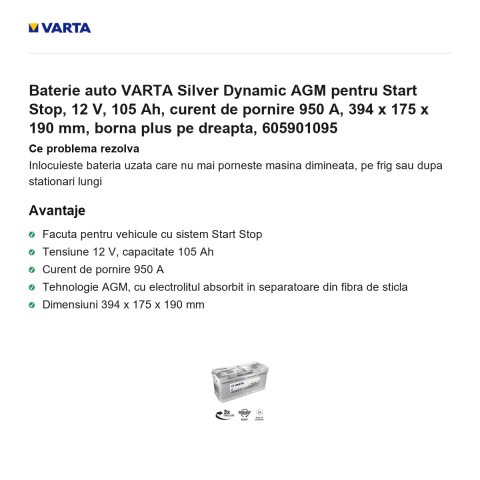 Baterie auto VARTA Silver Dynamic AGM pentru Start Stop, 12 V, 105 Ah, curent de pornire 950 A, 394 x 175 x 190 mm, borna plus pe dreapta, 605901095 [1]