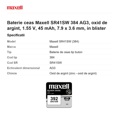 Baterie ceas Maxell SR41SW 384 AG3, oxid de argint, 1.55 V, 45 mAh, 7.9 x 3.6 mm, in blister [2]