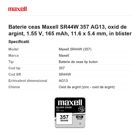 Baterie ceas Maxell SR44W 357 AG13, oxid de argint, 1.55 V, 165 mAh, 11.6 x 5.4 mm, in blister [2]