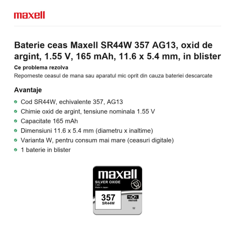 Baterie ceas Maxell SR44W 357 AG13, oxid de argint, 1.55 V, 165 mAh, 11.6 x 5.4 mm, in blister [1]
