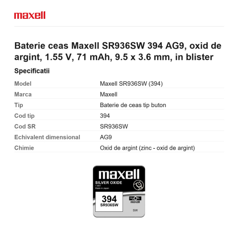 Baterie ceas Maxell SR936SW 394 AG9, oxid de argint, 1.55 V, 71 mAh, 9.5 x 3.6 mm, in blister [2]