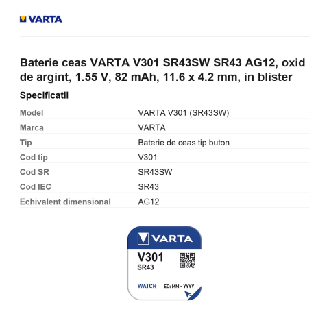 Baterie ceas VARTA V301 SR43SW SR43 AG12, oxid de argint, 1.55 V, 82 mAh, 11.6 x 4.2 mm, in blister [2]