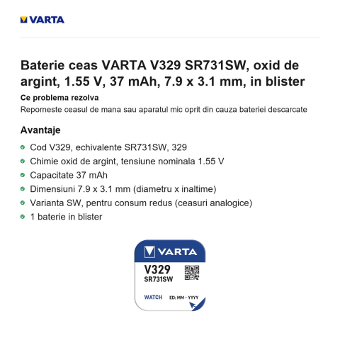 Baterie ceas VARTA V329 SR731SW, oxid de argint, 1.55 V, 37 mAh, 7.9 x 3.1 mm, in blister [1]