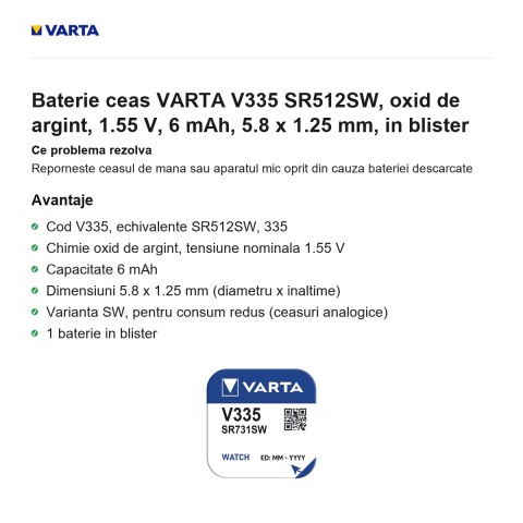 Baterie ceas VARTA V335 SR512SW, oxid de argint, 1.55 V, 6 mAh, 5.8 x 1.25 mm, in blister [1]