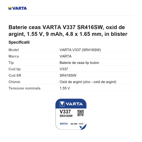 Baterie ceas VARTA V337 SR416SW, oxid de argint, 1.55 V, 9 mAh, 4.8 x 1.65 mm, in blister [2]