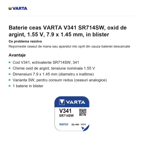 Baterie ceas VARTA V341 SR714SW, oxid de argint, 1.55 V, 7.9 x 1.45 mm, in blister [1]