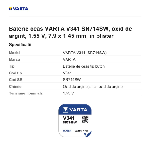 Baterie ceas VARTA V341 SR714SW, oxid de argint, 1.55 V, 7.9 x 1.45 mm, in blister [2]