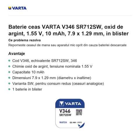 Baterie ceas VARTA V346 SR712SW, oxid de argint, 1.55 V, 10 mAh, 7.9 x 1.29 mm, in blister [1]
