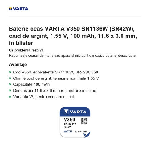 Baterie ceas VARTA V350 SR1136W (SR42W), oxid de argint, 1.55 V, 100 mAh, 11.6 x 3.6 mm, in blister [1]