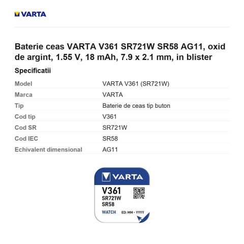 Baterie ceas VARTA V361 SR721W SR58 AG11, oxid de argint, 1.55 V, 18 mAh, 7.9 x 2.1 mm, in blister [2]