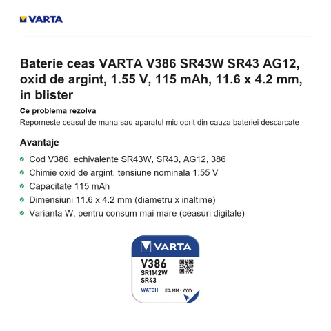 Baterie ceas VARTA V386 SR43W SR43 AG12, oxid de argint, 1.55 V, 115 mAh, 11.6 x 4.2 mm, in blister [1]