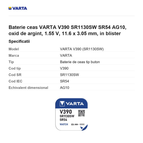 Baterie ceas VARTA V390 SR1130SW SR54 AG10, oxid de argint, 1.55 V, 11.6 x 3.05 mm, in blister [2]