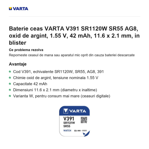Baterie ceas VARTA V391 SR1120W SR55 AG8, oxid de argint, 1.55 V, 42 mAh, 11.6 x 2.1 mm, in blister [1]