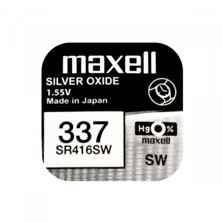 Baterii ceas Silver Oxide - Baterie de ceas tip buton, Maxell SR416SW 337, 1.55V, 4.8mm diametru x 1.65mm inaltime, capacitate 8.3 mAh, oxid de argint, in blister o bucata