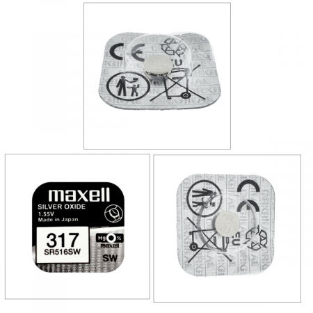 Baterie de ceas tip buton, Maxell SR516W 317, 1.55V, 5.8mm diametru x 1.65mm inaltime, capacitate nominala 11.8 mAh, oxid de argint, in blister o bucata [4]