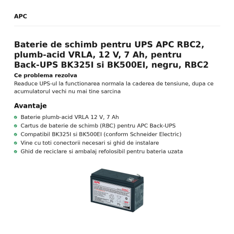 Baterie de schimb pentru UPS APC RBC2, plumb-acid VRLA, 12 V, 7 Ah, pentru Back-UPS BK325I si BK500EI, negru, RBC2 [1]