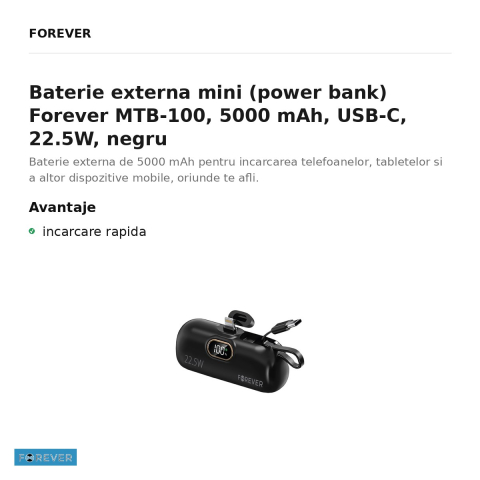 Baterie externa mini (power bank) Forever MTB-100, 5000 mAh, USB-C, 22.5W, negru [1]