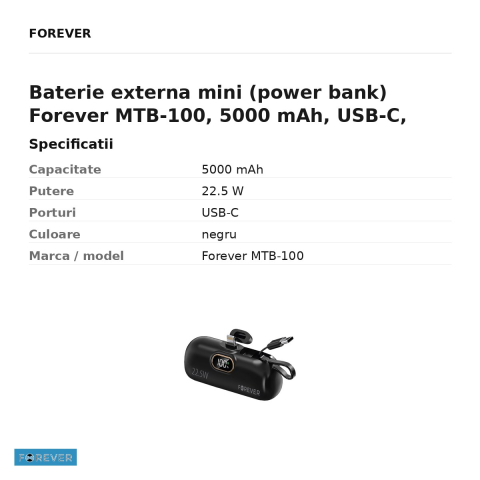 Baterie externa mini (power bank) Forever MTB-100, 5000 mAh, USB-C, 22.5W, negru [2]