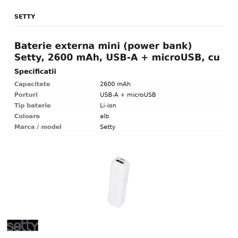 Baterie externa mini (power bank) Setty, 2600 mAh, USB-A + microUSB, cu cablu inclus, alb [2]