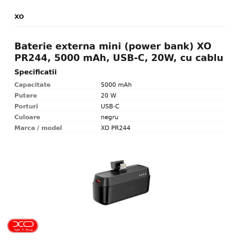 Baterie externa mini (power bank) XO PR244, 5000 mAh, USB-C, 20W, cu cablu inclus, negru [2]