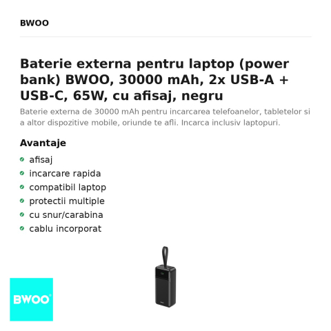 Baterie externa pentru laptop (power bank) BWOO, 30000 mAh, 2x USB-A + USB-C, 65W, cu afisaj, negru [1]