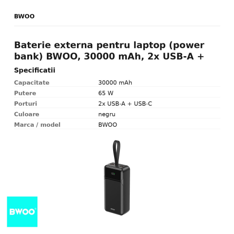 Baterie externa pentru laptop (power bank) BWOO, 30000 mAh, 2x USB-A + USB-C, 65W, cu afisaj, negru [2]