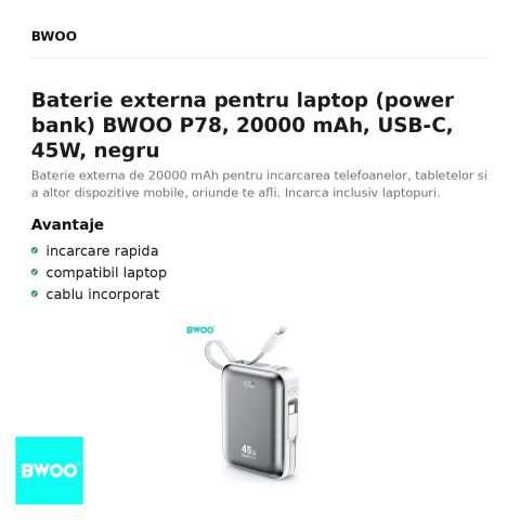 Baterie externa pentru laptop (power bank) BWOO P78, 20000 mAh, USB-C, 45W, negru [1]