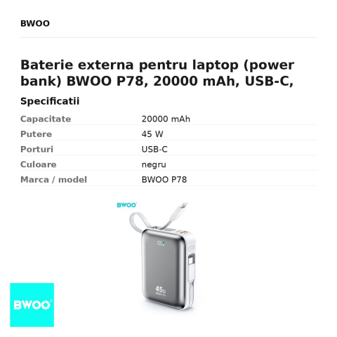 Baterie externa pentru laptop (power bank) BWOO P78, 20000 mAh, USB-C, 45W, negru [2]