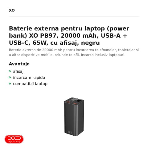 Baterie externa pentru laptop (power bank) XO PB97, 20000 mAh, USB-A + USB-C, 65W, cu afisaj, negru [1]