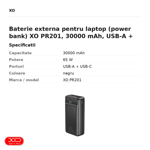 Baterie externa pentru laptop (power bank) XO PR201, 30000 mAh, USB-A + USB-C, 65W, cu afisaj, negru [2]