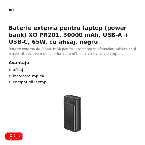 Baterie externa pentru laptop (power bank) XO PR201, 30000 mAh, USB-A + USB-C, 65W, cu afisaj, negru [1]