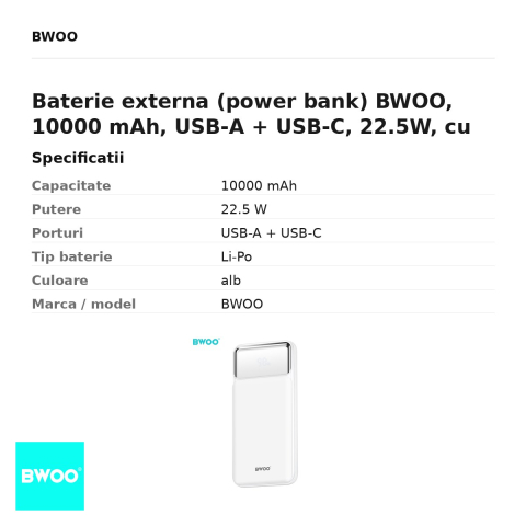 Baterie externa (power bank) BWOO, 10000 mAh, USB-A + USB-C, 22.5W, cu afisaj, alb [2]