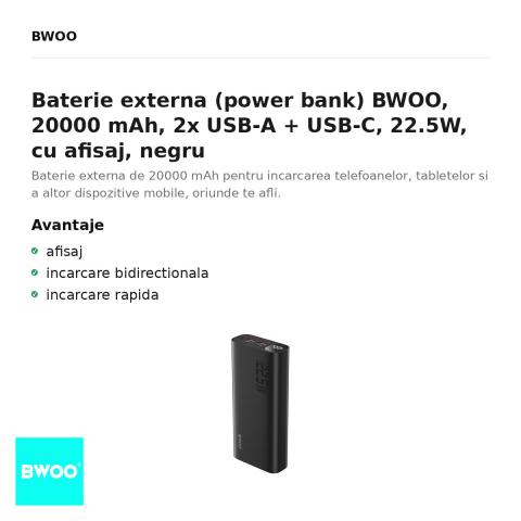 Baterie externa (power bank) BWOO, 20000 mAh, 2x USB-A + USB-C, 22.5W, cu afisaj, negru [1]