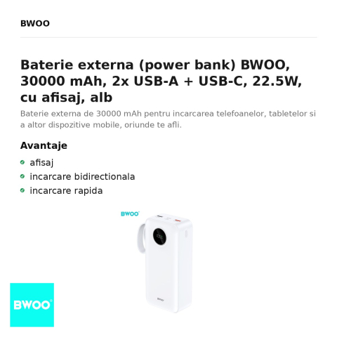 Baterie externa (power bank) BWOO, 30000 mAh, 2x USB-A + USB-C, 22.5W, cu afisaj, alb [1]