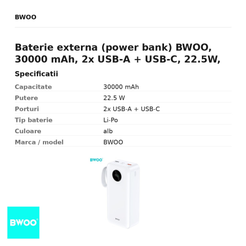 Baterie externa (power bank) BWOO, 30000 mAh, 2x USB-A + USB-C, 22.5W, cu afisaj, alb [2]