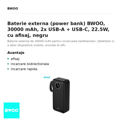 Baterie externa (power bank) BWOO, 30000 mAh, 2x USB-A + USB-C, 22.5W, cu afisaj, negru [1]