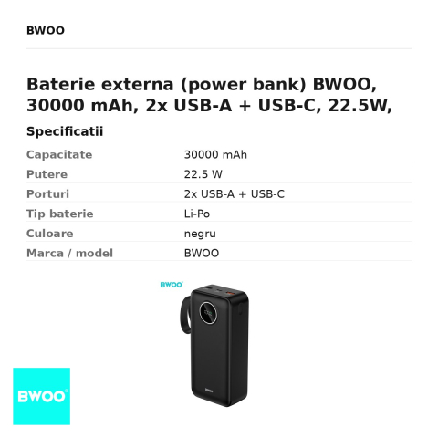 Baterie externa (power bank) BWOO, 30000 mAh, 2x USB-A + USB-C, 22.5W, cu afisaj, negru [2]