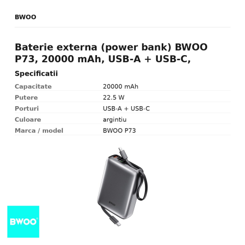 Baterie externa (power bank) BWOO P73, 20000 mAh, USB-A + USB-C, 22.5W, cu cablu inclus, argintiu [2]