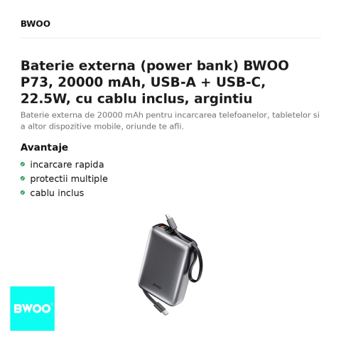 Baterie externa (power bank) BWOO P73, 20000 mAh, USB-A + USB-C, 22.5W, cu cablu inclus, argintiu [1]
