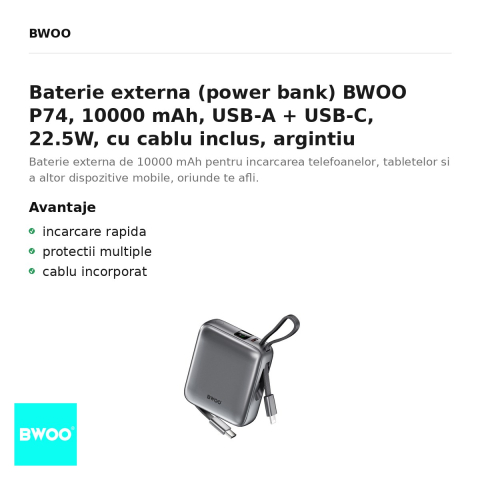 Baterie externa (power bank) BWOO P74, 10000 mAh, USB-A + USB-C, 22.5W, cu cablu inclus, argintiu [1]