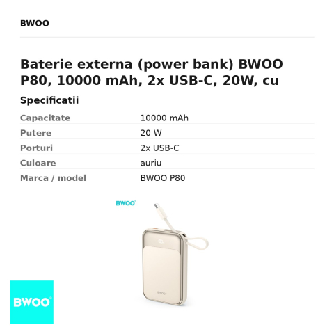 Baterie externa (power bank) BWOO P80, 10000 mAh, 2x USB-C, 20W, cu cablu inclus, auriu [2]