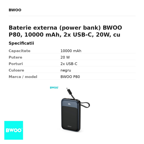 Baterie externa (power bank) BWOO P80, 10000 mAh, 2x USB-C, 20W, cu cablu inclus, negru [2]