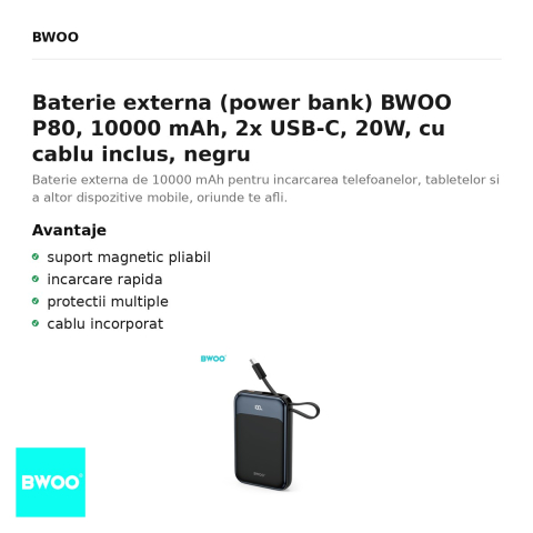 Baterie externa (power bank) BWOO P80, 10000 mAh, 2x USB-C, 20W, cu cablu inclus, negru [1]