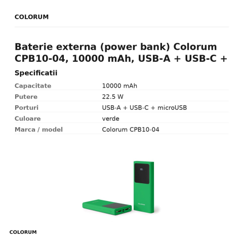 Baterie externa (power bank) Colorum CPB10-04, 10000 mAh, USB-A + USB-C + microUSB, 22.5W, cu cablu inclus, verde [2]