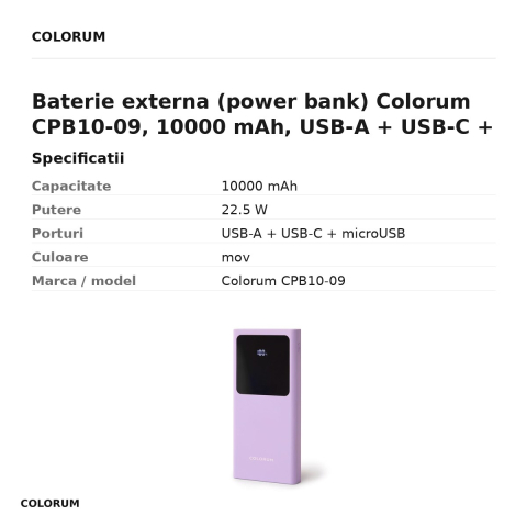 Baterie externa (power bank) Colorum CPB10-09, 10000 mAh, USB-A + USB-C + microUSB, 22.5W, cu cablu inclus, mov [2]