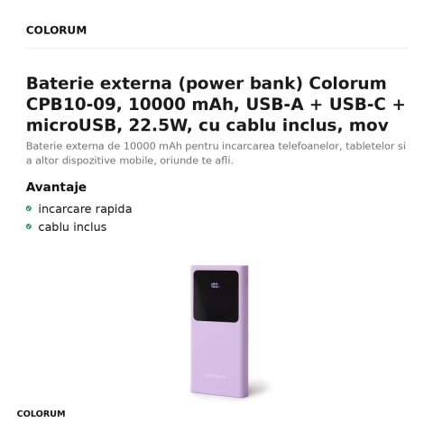 Baterie externa (power bank) Colorum CPB10-09, 10000 mAh, USB-A + USB-C + microUSB, 22.5W, cu cablu inclus, mov [1]